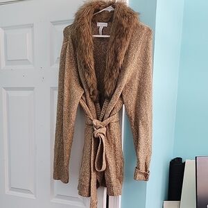 Women's Tan Sweater with Faux Fur Collar
